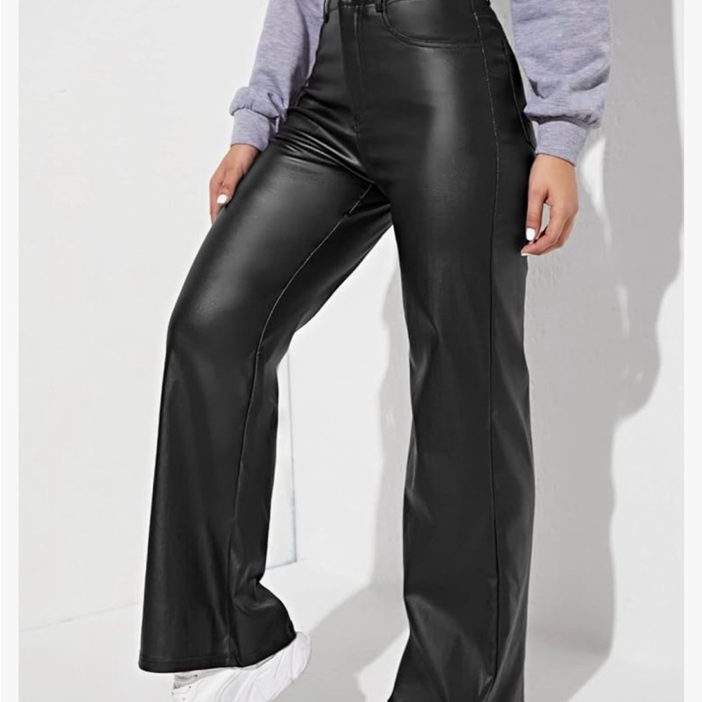 Black Wide Leg Pants in Shiny Faux Leather
